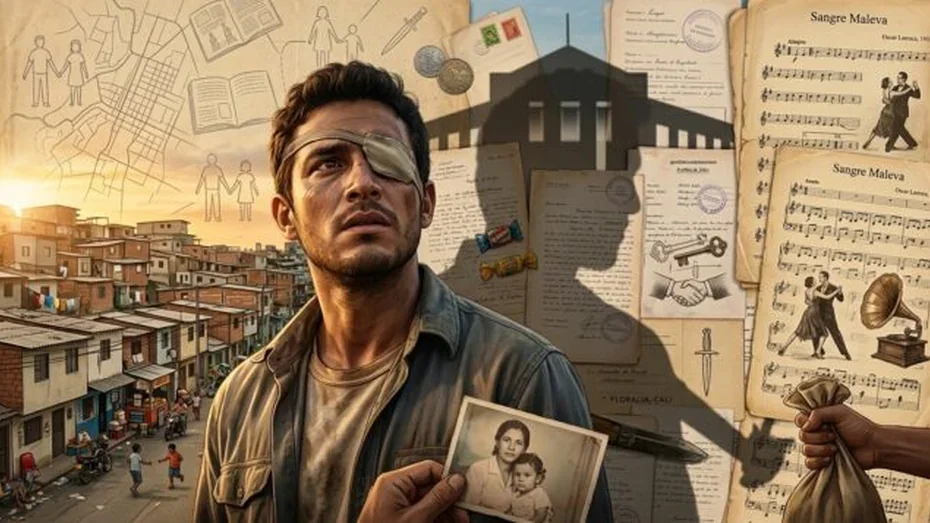 Imagen editorial de un hombre pensive con parche en el ojo sosteniendo una foto familiar y un saco de dinero con un fondo de favela y documentos