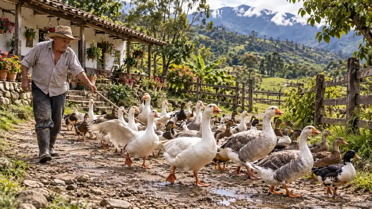 Hombre arriando patos y gansos en una finca rural colombiana