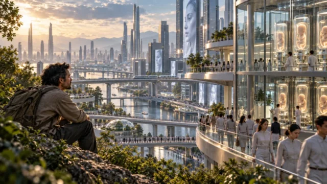 Hombre observa una ciudad futurista que representa el control social en Un mundo feliz