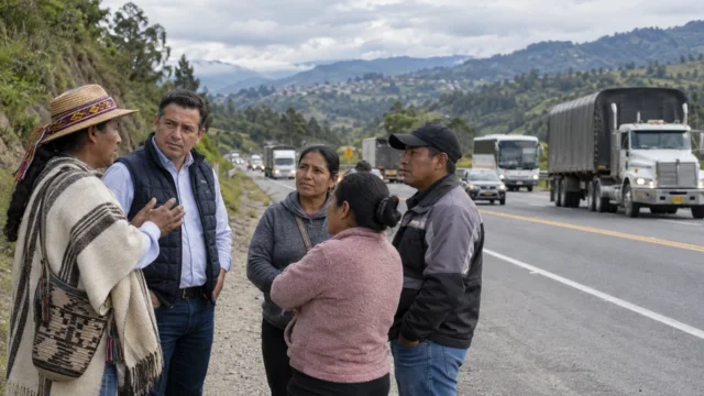 Representantes de comunidades dialogan junto a la vía Panamericana mientras circulan vehículos
