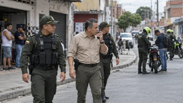 Escena ilustrativa de un hombre con radio junto a policias durante un operativo de seguridad