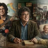 Collage narrativo sobre la vida del cantautor Piero con el mismo en el centro rodeado de sus facetas como joven musico seminarista y activista social