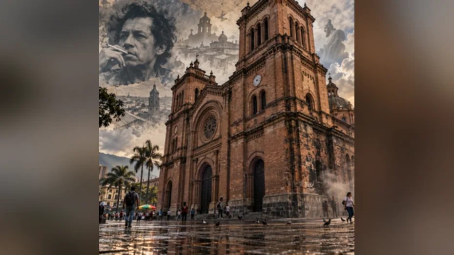 Ilustracion de la Catedral Metropolitana de Medellin y el deterioro de sus muros por el bazuko