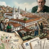 Compleja ilustracion editorial que compara el centro historico colonial de Popayan con la expansion de asentamientos informales destacando las tensiones sociales y los desafios de planificacion urbana
