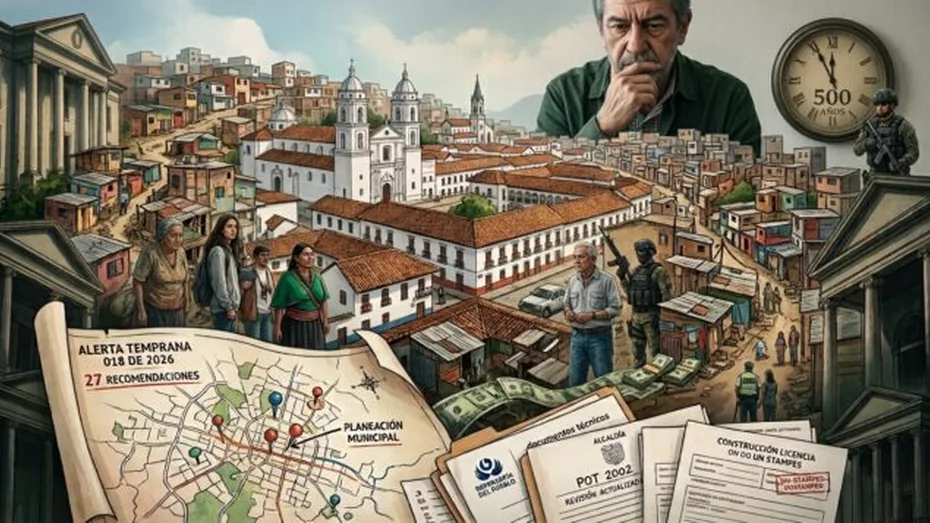 Compleja ilustracion editorial que compara el centro historico colonial de Popayan con la expansion de asentamientos informales destacando las tensiones sociales y los desafios de planificacion urbana