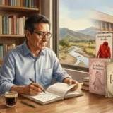 Ilustración estilo acuarela de un hombre escribiendo en un escritorio de madera con vista al río y las montañas, junto a una colección de libros en español
