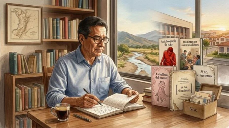 Ilustración estilo acuarela de un hombre escribiendo en un escritorio de madera con vista al río y las montañas, junto a una colección de libros en español