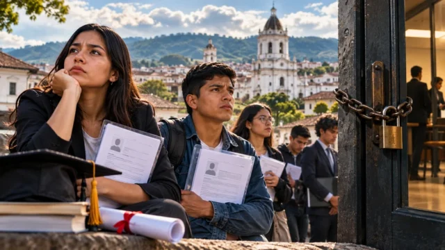 Ilustracion de jovenes graduados que enfrentan dificultades para conseguir empleo en Cauca