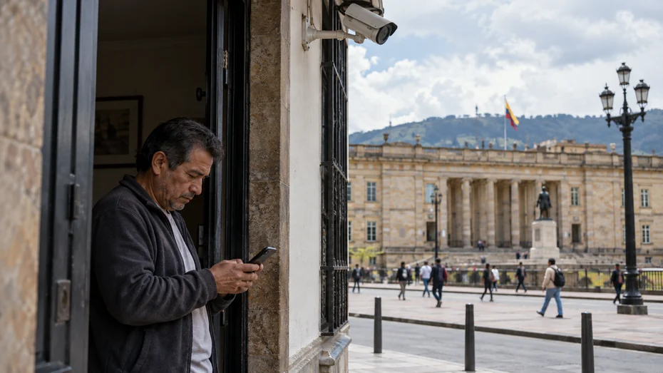 Hombre utiliza un telefono movil cerca de una camara de vigilancia frente a un edificio institucional