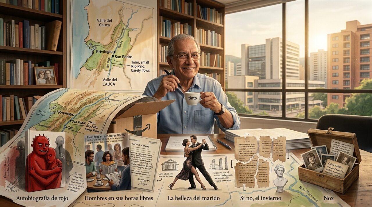 Un historiador en su biblioteca con libros un mapa de Valle del Cauca y una vista de Cali al atardecer