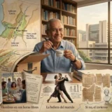 Un historiador en su biblioteca con libros un mapa de Valle del Cauca y una vista de Cali al atardecer
