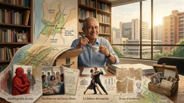 Un historiador en su biblioteca con libros un mapa de Valle del Cauca y una vista de Cali al atardecer