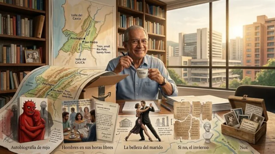 Un historiador en su biblioteca con libros un mapa de Valle del Cauca y una vista de Cali al atardecer