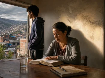 Mujer reflexiona sobre la Biblia mientras un joven observa un barrio colombiano