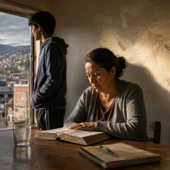 Mujer reflexiona sobre la Biblia mientras un joven observa un barrio colombiano