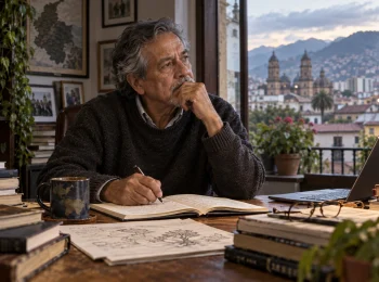 Hombre reflexiona mientras escribe rodeado de libros en un estudio