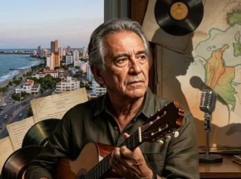 Hombre de cabello canoso sostiene una guitarra junto a discos de vinilo y un paisaje costero.
