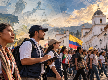 Ilustracion de la Defensoria del Pueblo acompañando las protestas del 14 de octubre en Colombia
