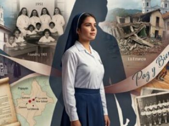 Collage conmemorativo de los 75 años del Colegio Nuestra Señora del Carmen en Popayan mostrando su historia desde 1951 la arquitectura colonial el terremoto de 1983 y su impacto educativo