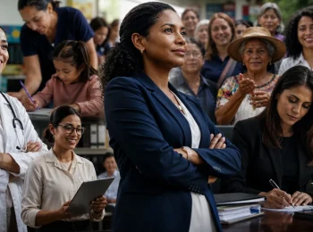 Mujeres servidoras públicas de Colombia en áreas de salud, educación, justicia y gestión comunitaria.
