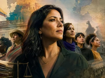 Mujeres colombianas frente a edificios institucionales, documentos jurídicos y un mapa de Colombia, en una representación de la equidad de género y la institucionalidad pública.