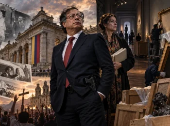 Ilustracion politica sobre censura artistica memoria historica y retiro de obras de un museo colombiano