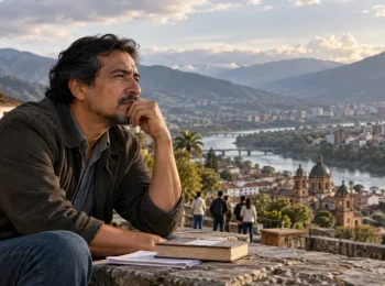 Hombre reflexiona frente a un paisaje andino ilustración sobre las contradicciones humanas