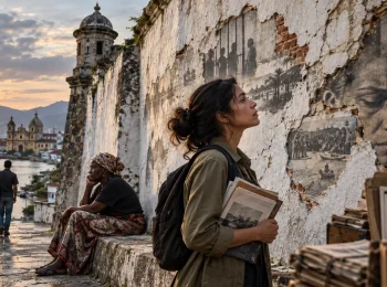 Mujer observa un muro antiguo con imagenes de memoria y violencia.
