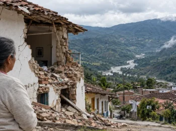 Mujer contempla una vivienda deteriorada frente a un paisaje montañoso