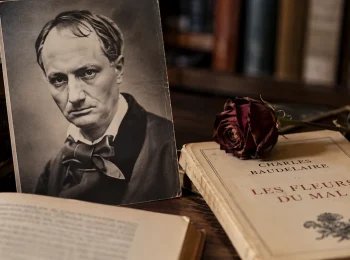Retrato ilustrativo de Charles Baudelaire junto a su libro Las flores del mal
