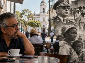 Hombre reflexiona frente a una taza de cafe en una composicion sobre memoria censura y autoritarismo