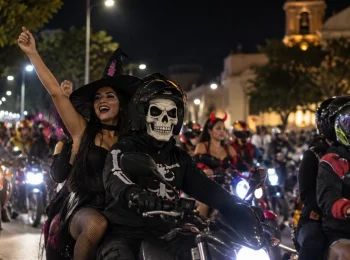 Motociclistas disfrazados de personajes de Halloween participan en una caravana nocturna por las calles de una ciudad colombiana