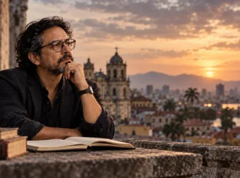 Hombre reflexionando ante una ciudad al atardecer representacion visual del nihilismo