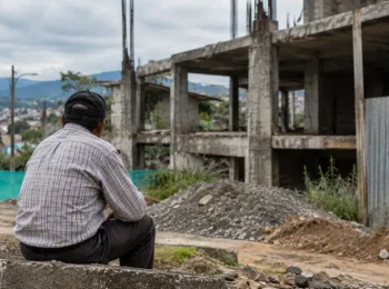 Hombre observa una construccion inconclusa en una escena sobre vigilancia de recursos publicos en el Cauca