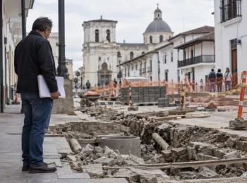 Persona observa una obra pública intervenida en un entorno urbano de arquitectura colonial.