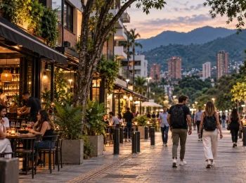 Recreacion de turistas caminando por una zona de restaurantes en Medellin