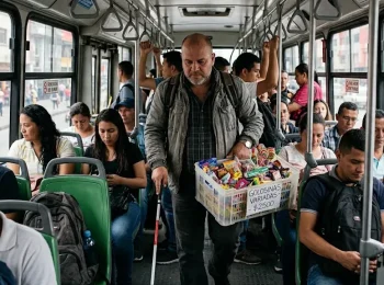 Ilustracion de Mario Gil Vallejo vendedor con discapacidad visual ofreciendo dulces en un bus de Cali