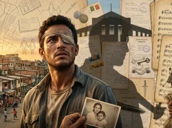 Imagen editorial de un hombre pensive con parche en el ojo sosteniendo una foto familiar y un saco de dinero con un fondo de favela y documentos