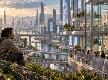 Hombre observa una ciudad futurista que representa el control social en Un mundo feliz