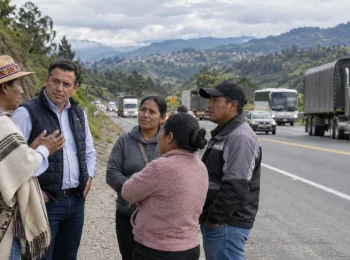Representantes de comunidades dialogan junto a la vía Panamericana mientras circulan vehículos