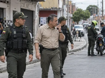 Escena ilustrativa de un hombre con radio junto a policias durante un operativo de seguridad