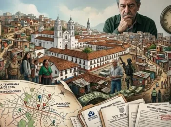 Compleja ilustracion editorial que compara el centro historico colonial de Popayan con la expansion de asentamientos informales destacando las tensiones sociales y los desafios de planificacion urbana