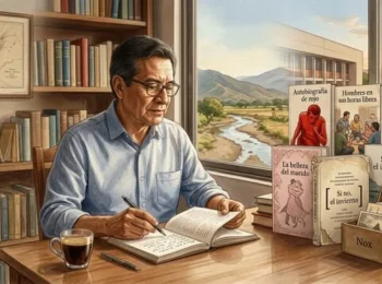 Ilustración estilo acuarela de un hombre escribiendo en un escritorio de madera con vista al río y las montañas, junto a una colección de libros en español