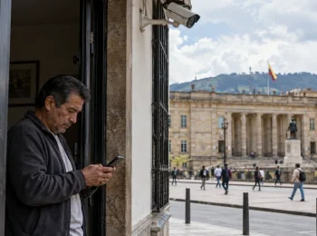 Hombre utiliza un telefono movil cerca de una camara de vigilancia frente a un edificio institucional