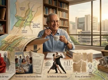 Un historiador en su biblioteca con libros un mapa de Valle del Cauca y una vista de Cali al atardecer
